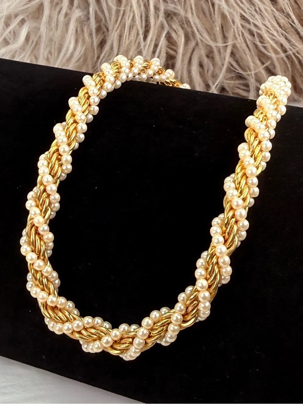 Vintage Napier Faux Pearl Rope Chain Gold Tone Necklace Signed Designer
